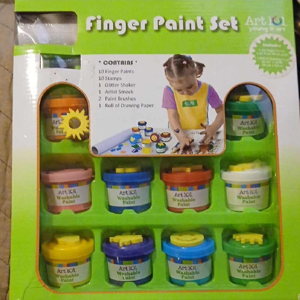 Art Lol Young @ Art Finger Paint Set Glitter Stamps Smock Brushes +Drawing Paper